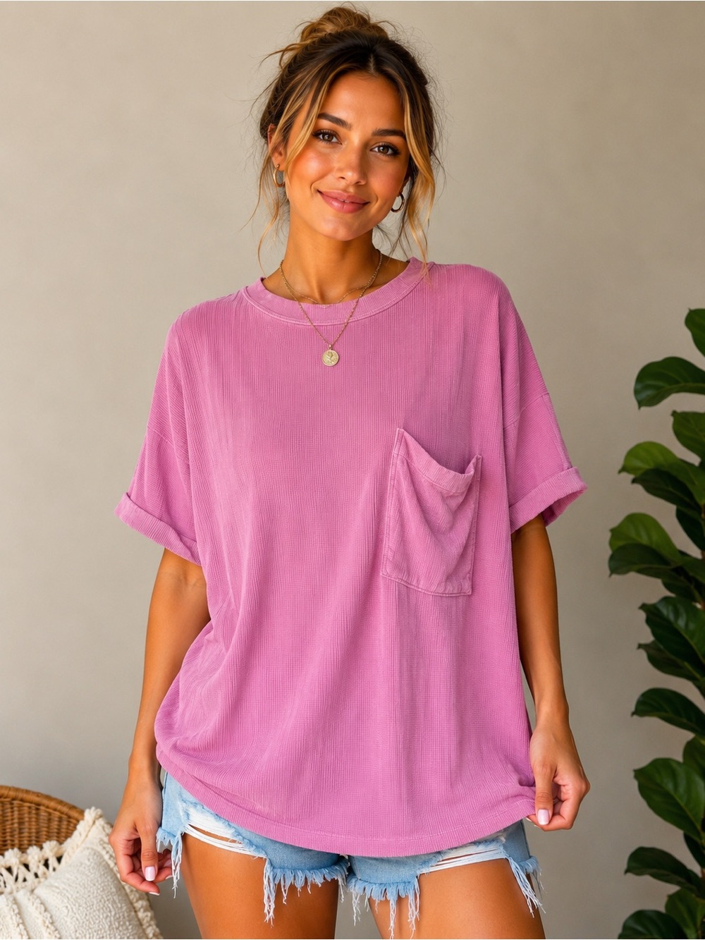 Zenana S/M Oversized Pink Ribbed Pocket Tee New Soft Washed Buttery Soft Rugged